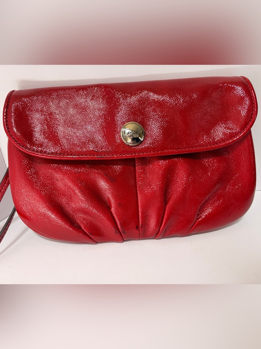 Coach Red Patent Leather Wristlet Clutch with Gold Snap